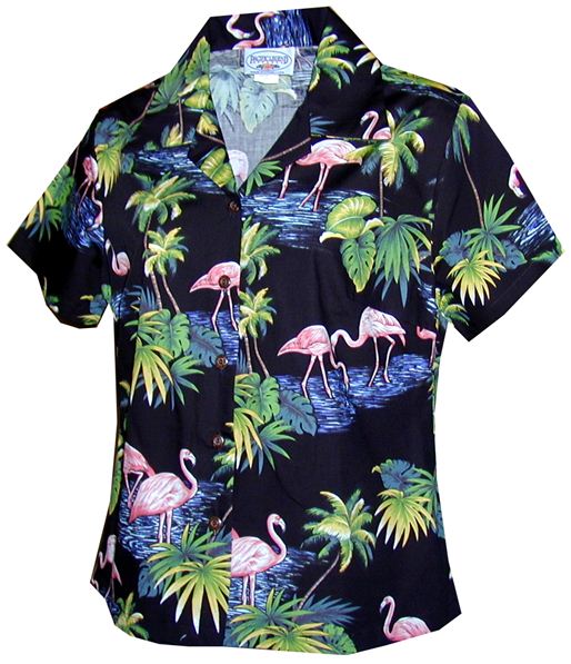 Pacific Legend Flamingos Black Cotton Women's Fitted Hawaiian Shirt ...