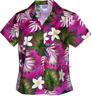 Pacific Legend Plumeria & Monstera Pink Cotton Women's Fitted Hawaiian Shirt