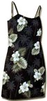 Pacific Legend Hibiscus Monstera Black Cotton Hawaiian Spaghetti Short Dress