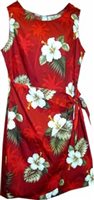 Pacific Legend Hibiscus Monstera Red Cotton Hawaiian Sarong Short Dress