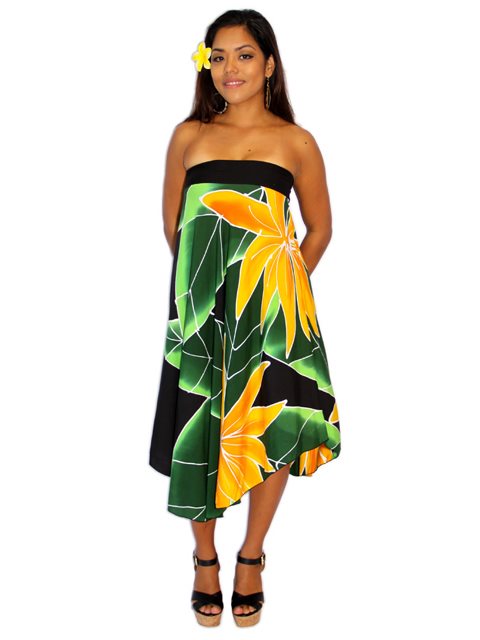 Pareo Island Gardenia Black & Gold 2-Way Spandex Top Dress | AlohaOutlet