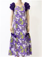 Tiare Purple Poly Cotton Hawaiian Ruffle Sleeve Back Ribbon Long Dress
