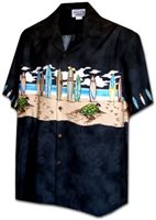 Pacific Legend メンズ マッチングフロント アロハシャツ [ホヌ&サーフボード/ブラック/コットン]