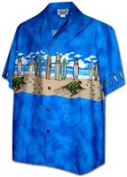Pacific Legend メンズ マッチングフロント アロハシャツ [ホヌ&サーフボード/ブルー/コットン]