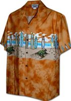 Pacific Legend メンズ マッチングフロント アロハシャツ [ホヌ&サーフボード/オレンジ/コットン]