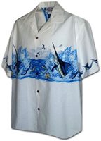 Pacific Legend メンズ ボーダーアロハシャツ [マーリン/ホワイト/コットン]