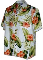Pacific Legend Hibiscus & Monstera White Cotton Men's Hawaiian Shirt