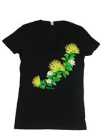 Ohi`a Lehua Black & Yellow Cotton Women's Hawaiian V-Neck Slim T-Shirt