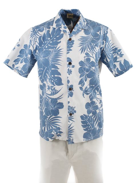Royal Hawaiian Creations メンズ アロハシャツ [ハイビスカスパネル/ブルー/ポリコットン]