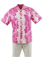 Royal Hawaiian Creations Hibiscus Panel Pink Poly Cotton Men&#39;s Hawaiian Shirt