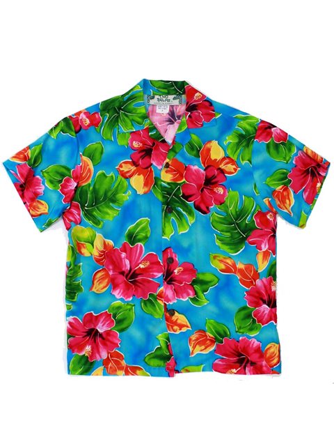 Two Palms Hibiscus Watercolor Blue Rayon Boys Hawaiian Shirt | AlohaOutlet