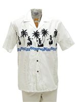 Pacific Legend Hula White Cotton Men's Border Hawaiian Shirt