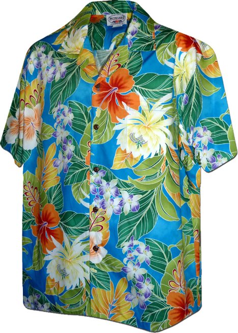 Pacific Legend Tropical Flowers Blue Cotton Men's Hawaiian Shirt ...