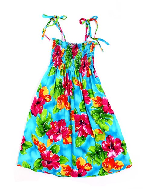 Two Palms ガールズハワイアンサマードレス [ハイビスカスウォーターカラー/ブルー/レーヨン] AlohaOutlet  (アロハアウトレット)