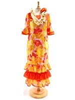 Hibisucus Orange & Yellow Poly Cotton Hawaiian Half Sleeve Frill Long Dress
