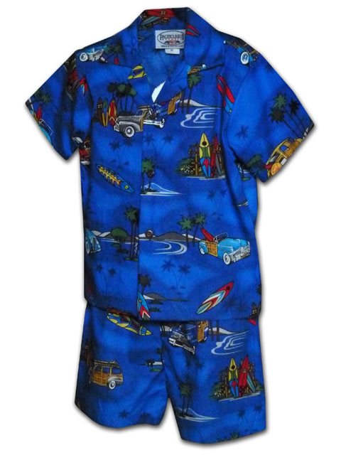 Boy Hawaiian Shirt or Cabana Set in Hibiscus Blue
