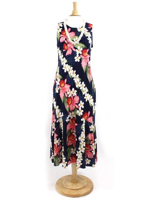 Maxi Navy Hawaii Orchid Print Rayon Dress by Two Palms™/Made in USA 