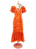 Monstera Orange Poly Cotton Hawaiian Big Ruffle Sleeve Long Dress