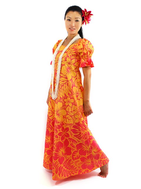Gradation Medley Orange Poly Cotton Hawaiian Long Muumuu Dress AlohaOutlet
