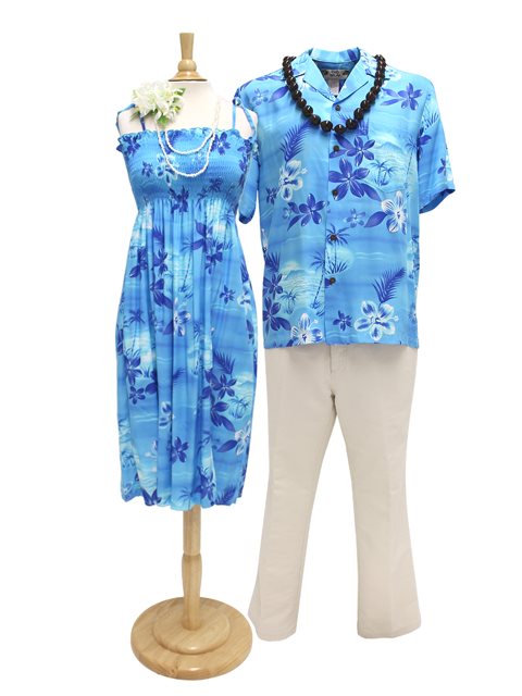 Two Palms Moonlight Scenic Blue Rayon Hawaiian Summer Midi Dress ...