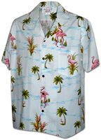 Pacific Legend Flamingo White Cotton Men's Hawaiian Shirt