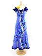Royal Hawaiian Creations Monstera Lei Blue Poly Cotton Hawaiian Nahenahe Ruffle Long Muumuu Dress