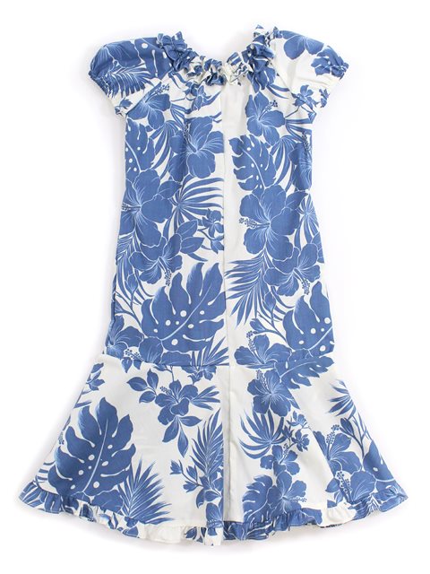 Hawaiian Girl Cotton White Hibiscus Flower Ruffle Elastic Dress-2,4,6,8,10