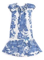 Royal Hawaiian Creations Hibiscus Panel Blue Poly Cotton Girls Ruffle Neck Long Muu Muu Dress