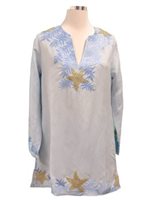 Angels by the Sea Starfish Embroidery Blue Linen Tunic