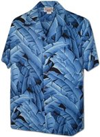 Pacific Legend Banana Leaves Blue Cotton Men's Hawaiian Shirt