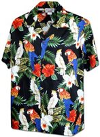 Pacific Legend Birds & Hibiscus Black Cotton Men's Hawaiian Shirt