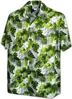 Pacific Legend Monstera & Hibiscus Green Cotton Men's Hawaiian Shirt