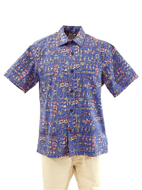 Two Palms Hula Girl Blue Cotton Men's Reverse Printing Hawaiian Shirt ...