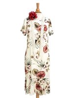 Royal Hawaiian Creations Hibiscus&Monstera Cream Rayon Hawaiian Amber Sleeve Midi Dress