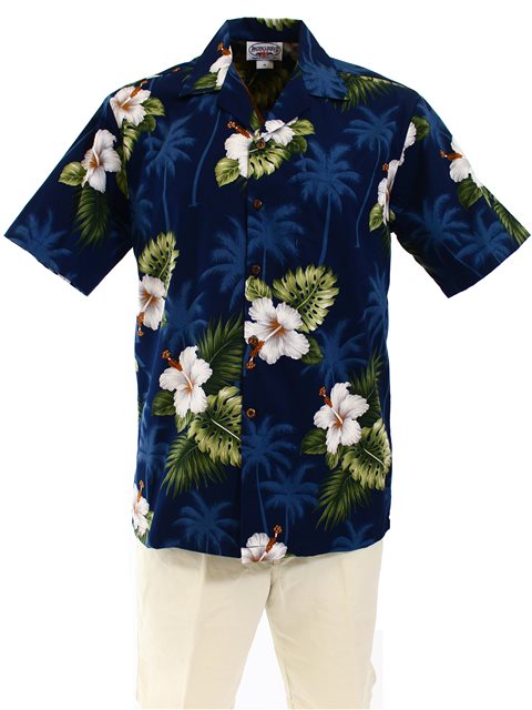 Plus Size] Pacific Legend Hibiscus Monstera Navy Cotton Men's Hawaiian Shirt |
