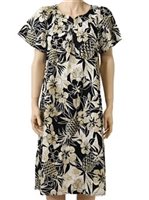 [Plus Size] Two Palms Pineapple Garden Black Cotton Hawaiian Midi Muumuu Dress
