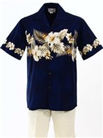 [Plus Size] Pacific Legend Hibiscus Navy Cotton Men's Border Hawaiian Shirt