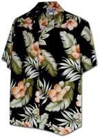 [Plus Size] Pacific Legend Hibiscus & Monstera Black Cotton Men's Hawaiian Shirt