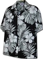 [Plus Size] Pacific Legend Hibiscus & Monstera Black Cotton Men's Hawaiian Shirt
