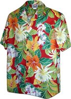 [Plus Size] Pacific Legend Tropical Flower Red Cotton Men's Hawaiian Shirt