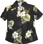 [Plus Size] Pacific Legend Hibiscus Monstera Black Cotton Women's Fitted Hawaiian Shirt