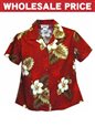 [Wholesale] Pacific Legend Hibiscus Red Cotton Women&#39;s Fitted Hawaiian Shirt