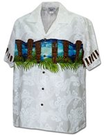 Pacific Legend Tiki White Cotton Men's Border Hawaiian Shirt
