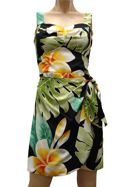 Paradise Found Plumeria Beauty Black Rayon Hawaiian Sarong Short Dress |  AlohaOutlet