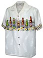 Pacific Legend Tapa Plumeria Beer Bottles White Cotton Men&#39;s Border Hawaiian Shirt