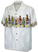 Pacific Legend Tapa Plumeria Beer Bottles White Cotton Men's Border Hawaiian Shirt