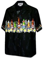 Pacific Legend Tapa Plumeria Beer Bottles  Black Cotton Men's Border Hawaiian Shirt