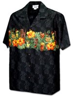 Pacific Legend Hibiscus Tiki Pineapple Black Cotton Men's Border Hawaiian Shirt