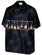 Pacific Legend メンズ ボーダーアロハシャツ [ハワイアンギター/ブラック/コットン]