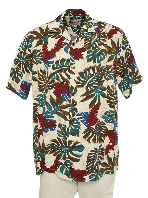 Hilo Hattie Red Ginger Cream Rayon Men's Hawaiian Shirt | AlohaOutlet